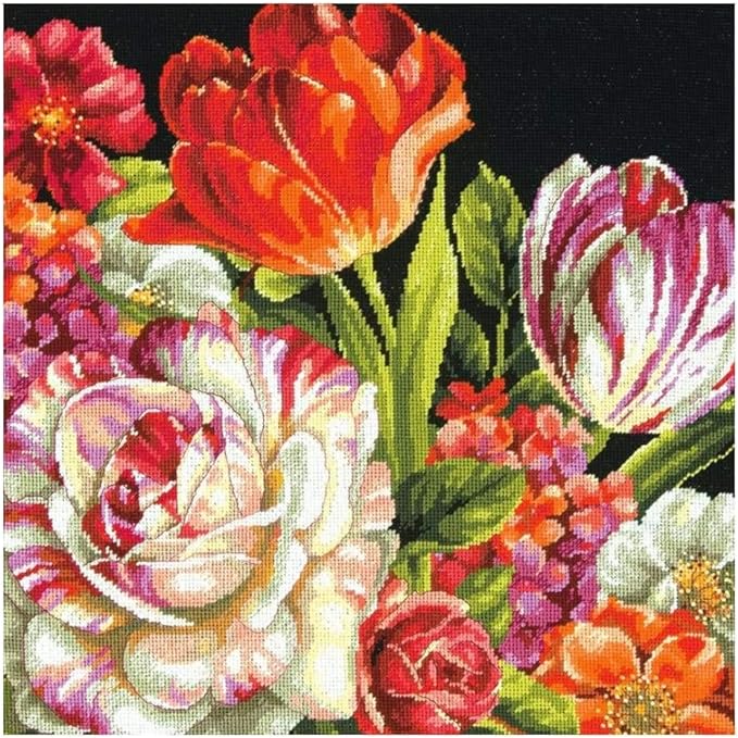 Kit Point De Croix Adulte Débutant - Motif Fleurs, Toile 16x20 Pouces, Fils Inclus, Loisir Créatif Relaxant